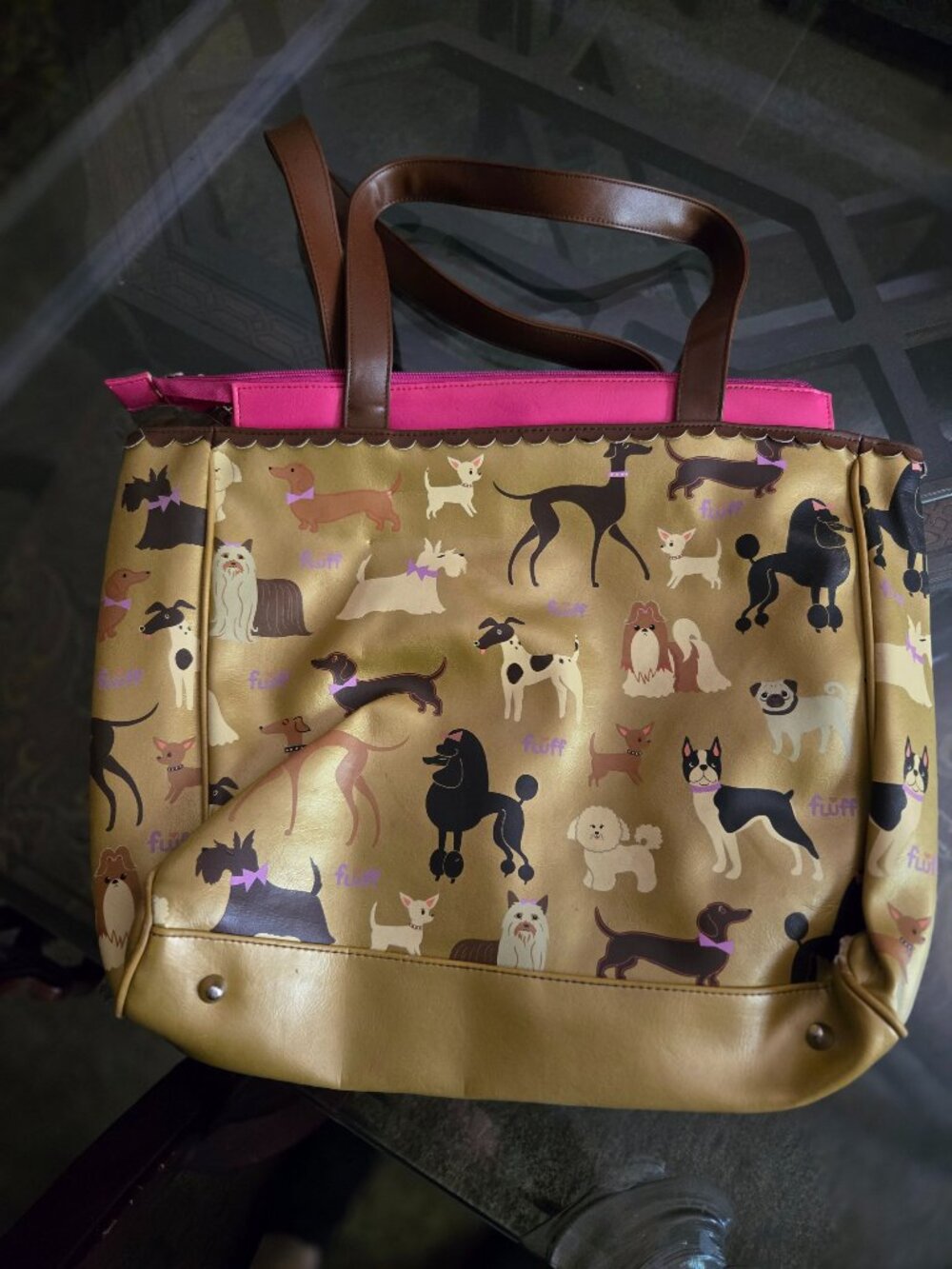 Fluff vintage gold bag with hot pink trim & lining with dogs